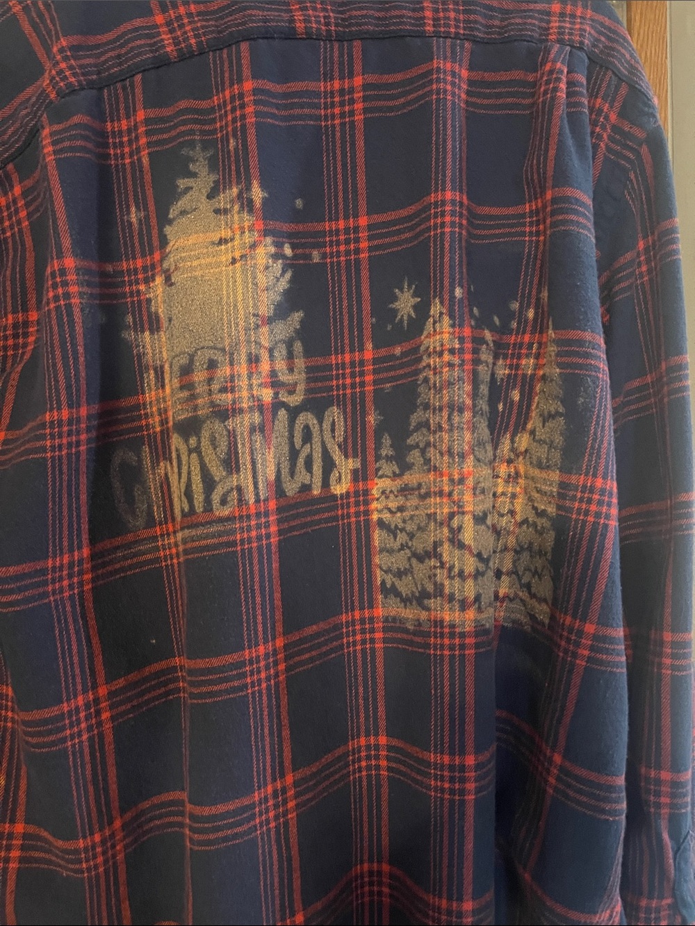 Old Navy Navy and Red Plaid Button-Down  Shirt with Gold Holiday Print